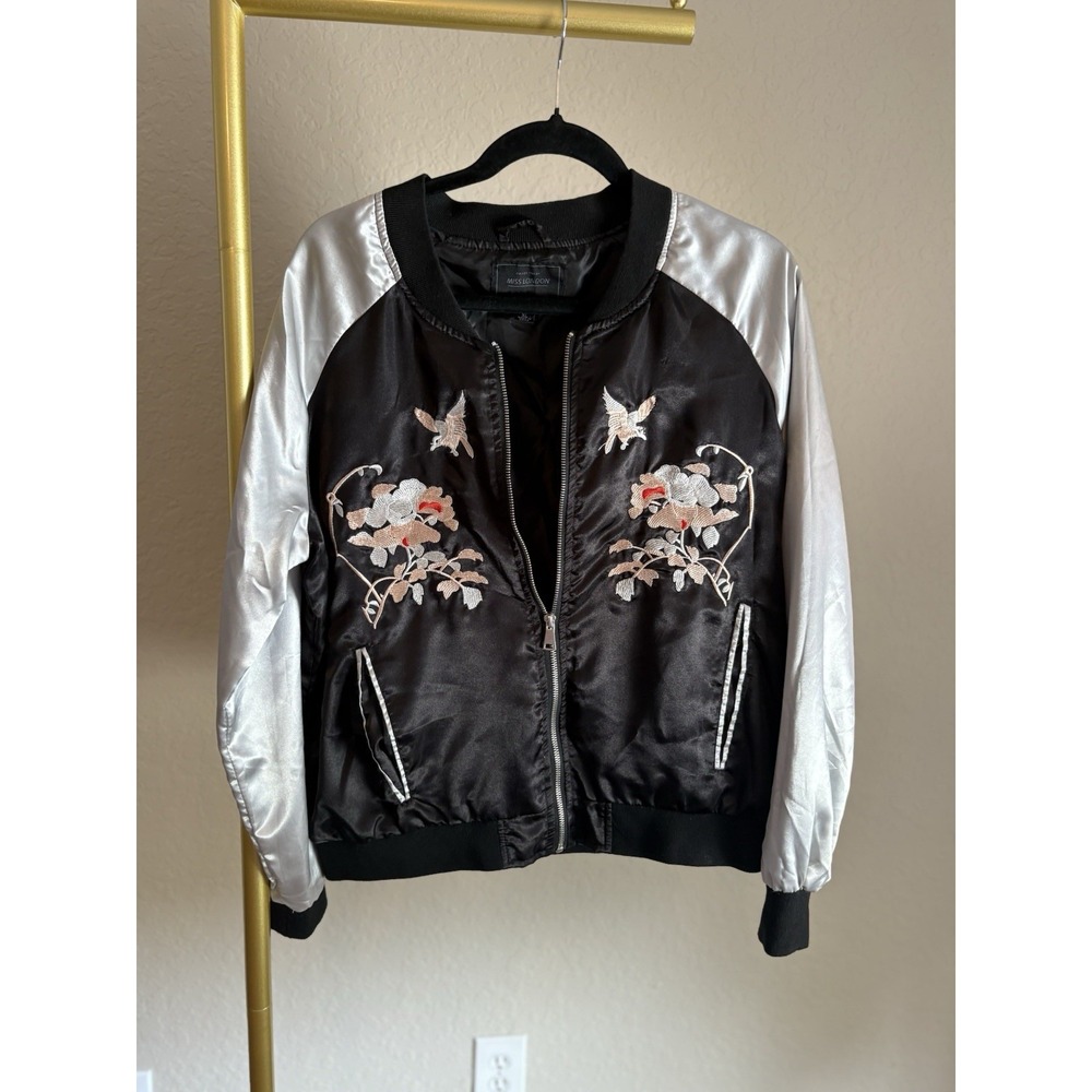 Miss London Women's Silky Floral Bomber Jacket Size XL Artsy Streetwear Glam - Picture 2 of 7